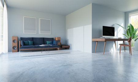 Home office interior with desk, computer, plant, vinyl record player and furniture. 3d rendering