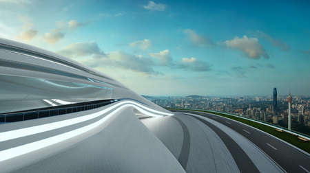 3D rendering architecture with futuristic streamlined design. Early morning sceneの写真素材