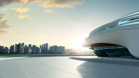 3D rendering architecture with futuristic streamlined design. Sunrise sceneの写真素材