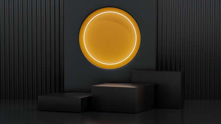 Box stage with circle tube fluorescent light and yellow round background. Concept of product display platform. 3d rendering.の写真素材