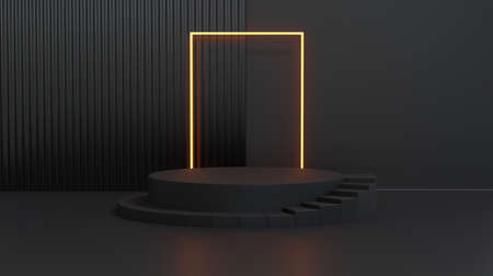 Stage with stair and square tube fluorescent light. Concept of product display platform. 3d rendering.の写真素材