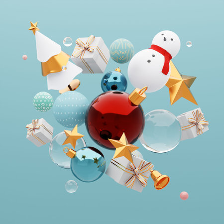 Christmas background design festive elements such as christmas tree, gift box, balls, stars and...