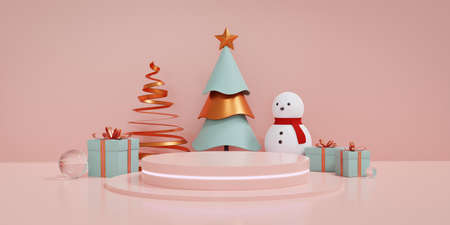 Christmas showcase decorate with podium and fluorescent light, christmas tree and gift box. Concept of Christmas and New year product display platform. 3d rendering.の写真素材