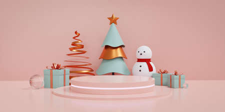 Christmas showcase decorate with podium and fluorescent light, christmas tree and gift box. Concept of Christmas and New year product display platform. 3d rendering.