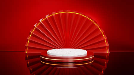Red open chinese folding fan and round stage on red glossy background for product display decorated. Happy Chinese New Year festival background. 3D renderingの写真素材