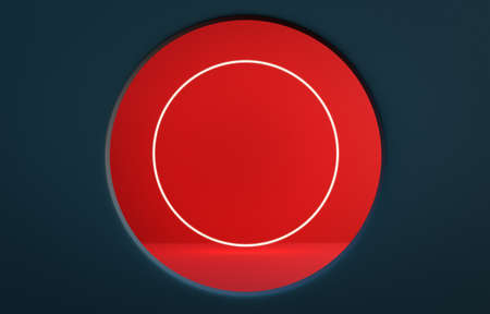 Prussian blue color wall with round shape window with red wall and round shape led light inside. Photorealistic 3D rendering.の写真素材