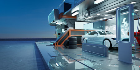 Electric car at futuristic charging station. Green technology, Eco alternative transport and battery charging technology concept. Photorealistic 3D rendering.の写真素材