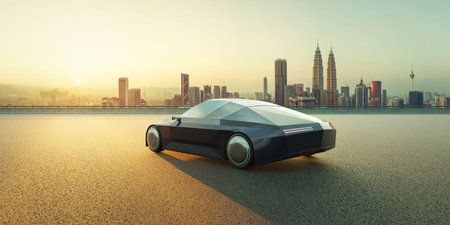 Brandless Electric EV concept car on asphalt road with city skyline background. 3d rendering car...