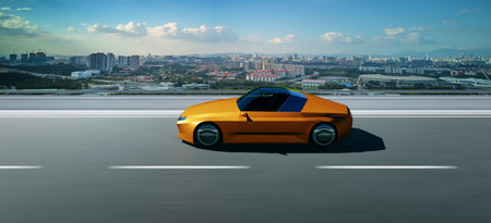 Brandless Electric EV concept car run on the road with city skyline background. 3d rendering car with my own creative design.の写真素材
