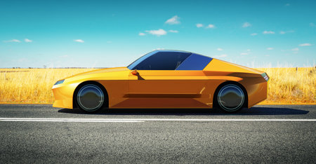 Brandless sport car parked on road side with field of golden wheat background. 3d rendering with my own creative design.の写真素材