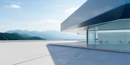 Perspective view of empty cement floor with steel and glass modern building exterior. Morning scene. Photorealistic 3D rendering.の写真素材