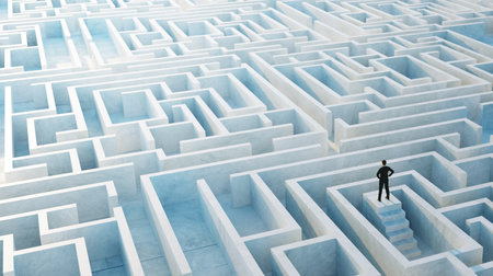 Businessman stand in front of maze entrance. Business problem solving, making decision, finding solution and challenge concept.の写真素材