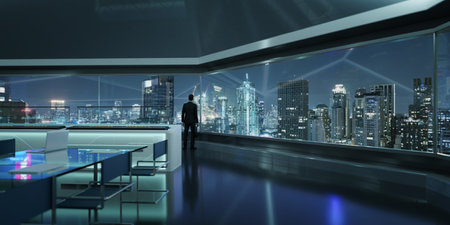 Businessman stand in morden office viewing beautiful modern city. 3d renderingの写真素材