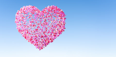 A big love heart composed of a bunch of love balloons. Valentine's Day and Wedding design concept background. 3D rendering.の写真素材