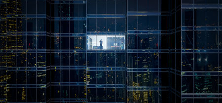 Businessman using mobile phone to talk business in office. View from the outside 3D rendering commercial skyscraper.の写真素材