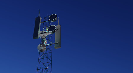 Network wireless systems and antenna on the telecommunication tower. 3D rendering