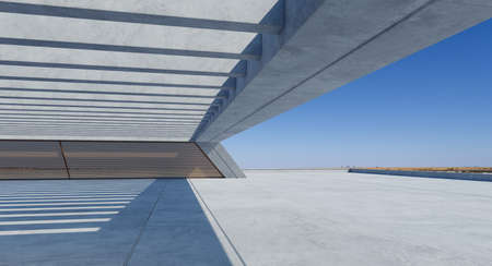 Perspective view of empty concrete floor and modern rooftop building with blue sky. Mixed mediaの写真素材