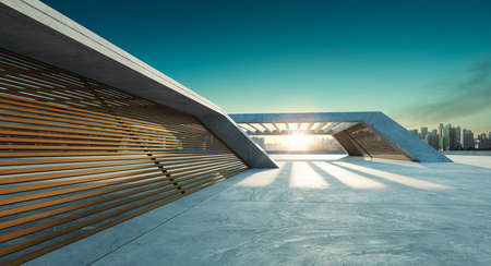 Perspective view of empty concrete floor and wooden wall building exterior with sunrise cityscape scene. Mixed mediaの写真素材