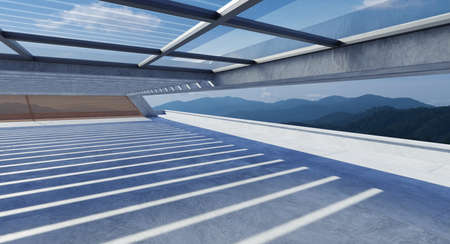 Perspective view of empty concrete floor and wooden wall parking area. Daytime scene. Mixed media with 3d renderingの写真素材