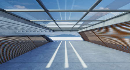 Perspective view of empty concrete floor and wooden wall parking area. Daytime scene. Mixed media with 3d renderingの写真素材