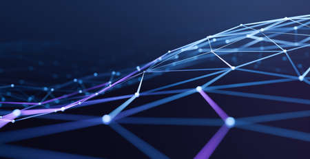 Plexus geometry or line and dot connection on dark blue background. Internet and communication technology design concept. 3d renderingの写真素材