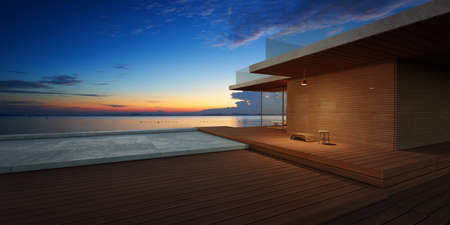 Modern wooden house exterior with cement and wooden dock platform facing a beautiful lake view. Retreat and perfect getaway concept background. Realistic photo 3d rendering.の写真素材