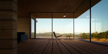 Modern wooden house interior with relax chair and tea table. Retreat and perfect getaway concept background. Realistic photo 3d rendering.の写真素材