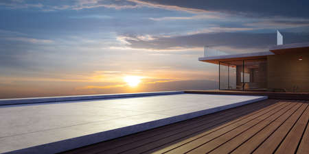 Modern wooden house exterior with cement and wooden dock platform facing a beautiful sunset sky. Retreat and perfect getaway concept background. Realistic photo 3d rendering.の写真素材
