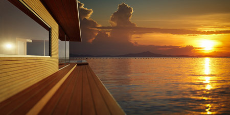 Modern wooden house exterior with cement and wooden dock platform facing a beautiful sunset sea view. Retreat and perfect getaway concept background. Realistic photo 3d rendering.の写真素材