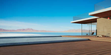 Modern wooden house exterior with cement and wooden dock platform facing a beautiful lake view. Retreat and perfect getaway concept background. Realistic photo 3d rendering.の写真素材
