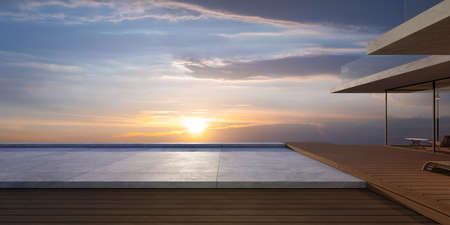 Modern wooden house exterior with cement and wooden dock platform facing a beautiful sunset sky. Retreat and perfect getaway concept background. Realistic photo 3d rendering.の写真素材