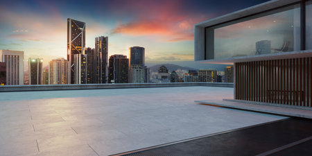 Empty cement floor with steel pavement, modern building exterior cityscape background. Sunrise scene. Photorealistic 3D rendering.の写真素材