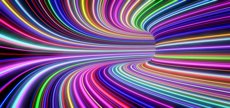 Abstract self-luminous colored lines move fast in the tunnel. 3d renderingの写真素材