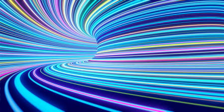Abstract self-luminous colored lines move fast in the tunnel. 3d renderingの写真素材
