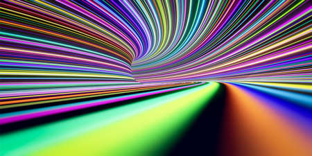 Abstract self-luminous colored lines move fast in the tunnel. 3d renderingの写真素材