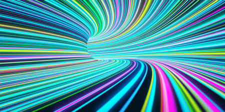 Abstract self-luminous colored lines move fast in the tunnel. 3d renderingの写真素材
