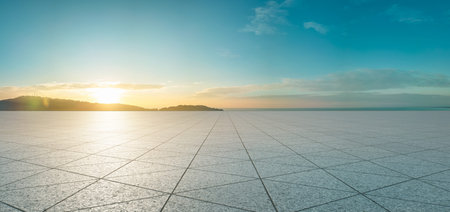 Empty triangle shape stone tiles floor with sky.