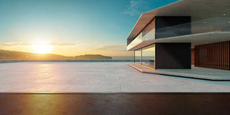 Empty cement floor with steel and modern building exterior. Morning scene. Photorealistic 3D rendering.の写真素材