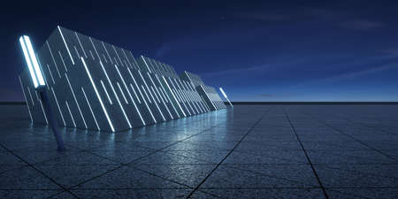 Triangle shape marble ground with thirty degree angle tilted contemporary building and lamp pole. 3d renderingの写真素材
