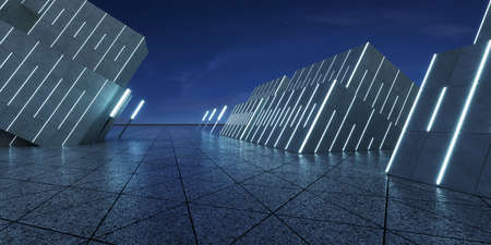 Triangle shape marble ground with thirty degree angle tilted contemporary building and lamp pole. 3d renderingの写真素材