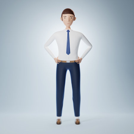 Full of confidence cartoon character businessman stand on white backgroundの写真素材