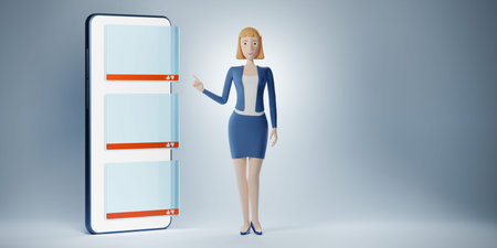 Cartoon character business woman points a finger at display phone with chat blank column. 3d...