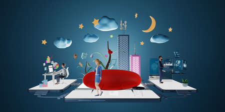 Businesswomen characters using phone in virtual office with smart data platform. Social media marketing concept. 3d rendering.の写真素材