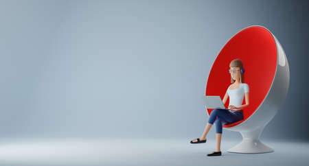Businesswoman characters sitting in an egg chair with laptop .3d rendering.の写真素材