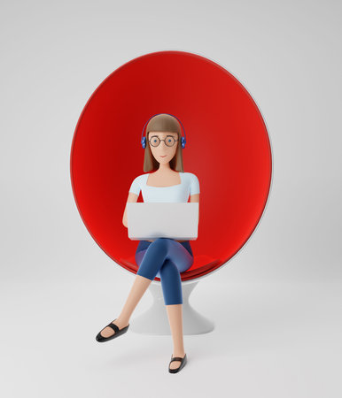 Businesswoman characters sitting in an egg chair with laptop .3d rendering.の写真素材
