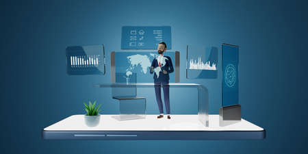 Businessmen characters working with transparent tablet pc computer and virtual screens projection. Future technology business marketing concept. 3d rendering.の写真素材