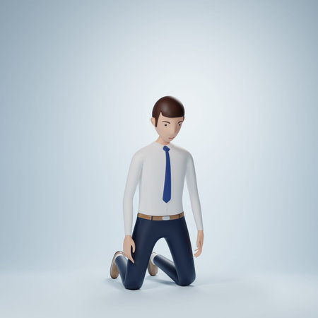 Businessman cartoon character kneeling pose isolated on light blue background. 3d rendering with clipping path.の写真素材