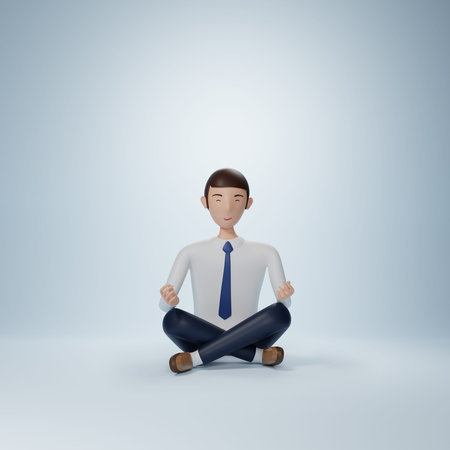 Businessman cartoon character sitting in yoga pose isolated on light blue background. 3d rendering...