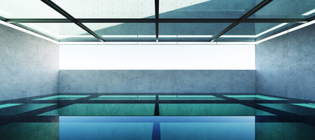 Empty contemporary interior office with turquoise glass floor. 3d rendering