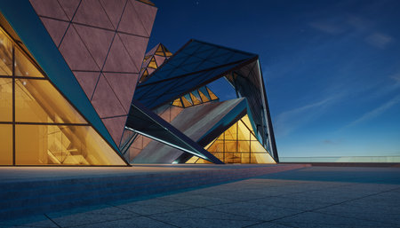 Contemporary triangle shape design modern Architecture building exterior with glass, concrete and steel element. Night scene. Photorealistic 3D rendering.の写真素材